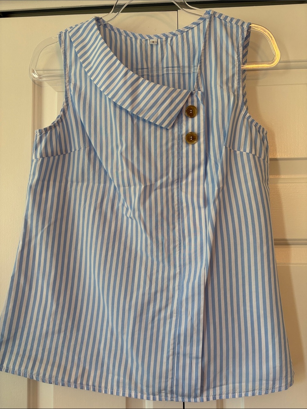 Girls' Light Blue & White Striped Sleeveless Top with Button Detail